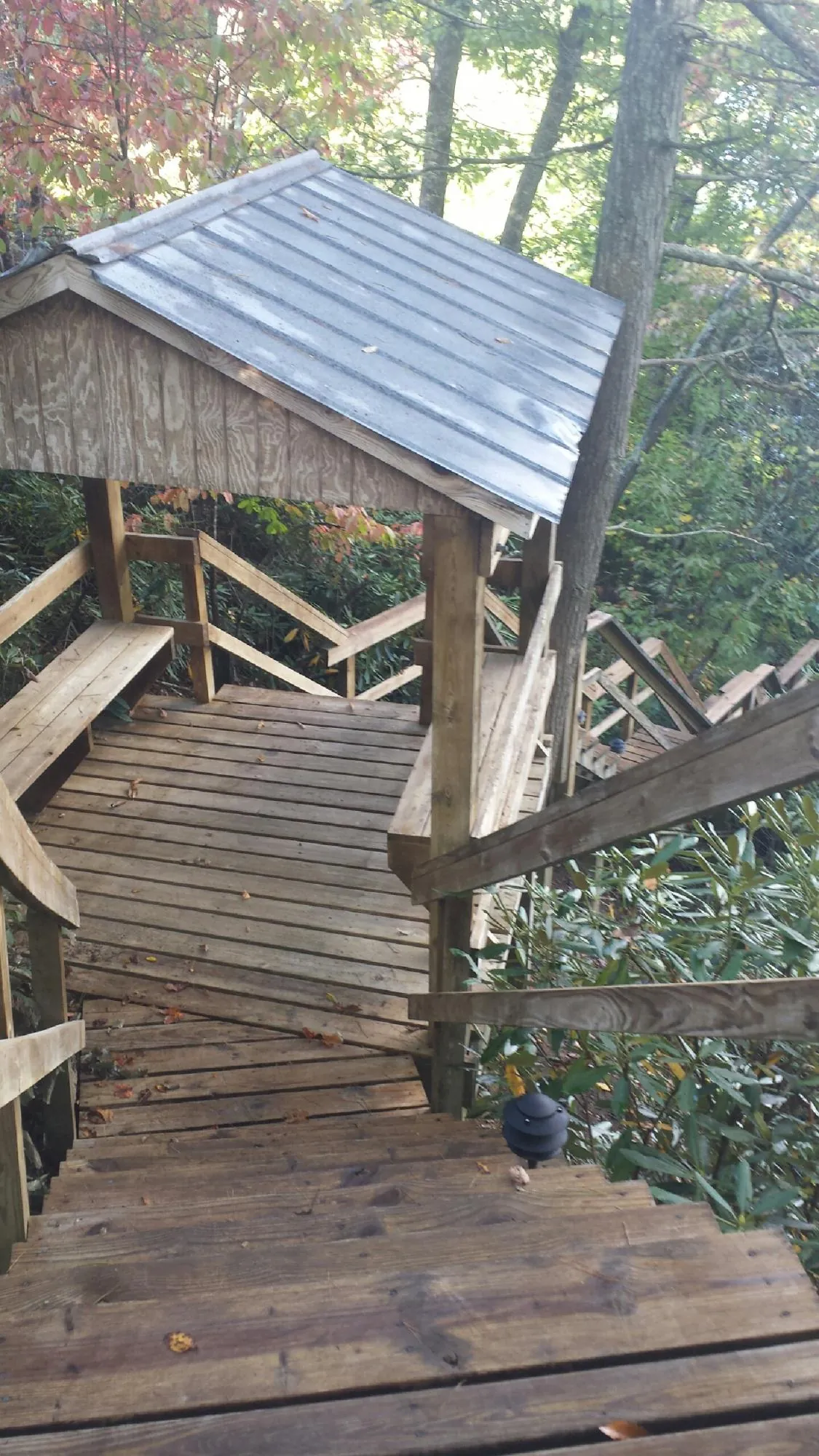 Metal roofed shelter over wooden steps on a wooded walkway — Skylight Repair & Installation work by our crew in Cement City